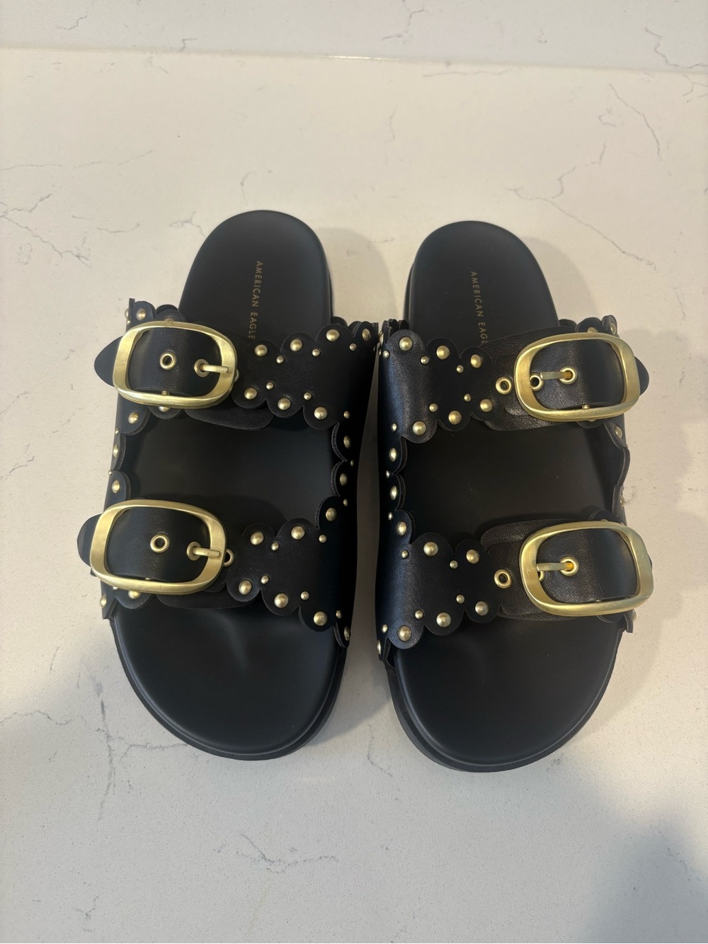 American Eagle Outfitters Black Studded Double-Buckle Slide Sandals